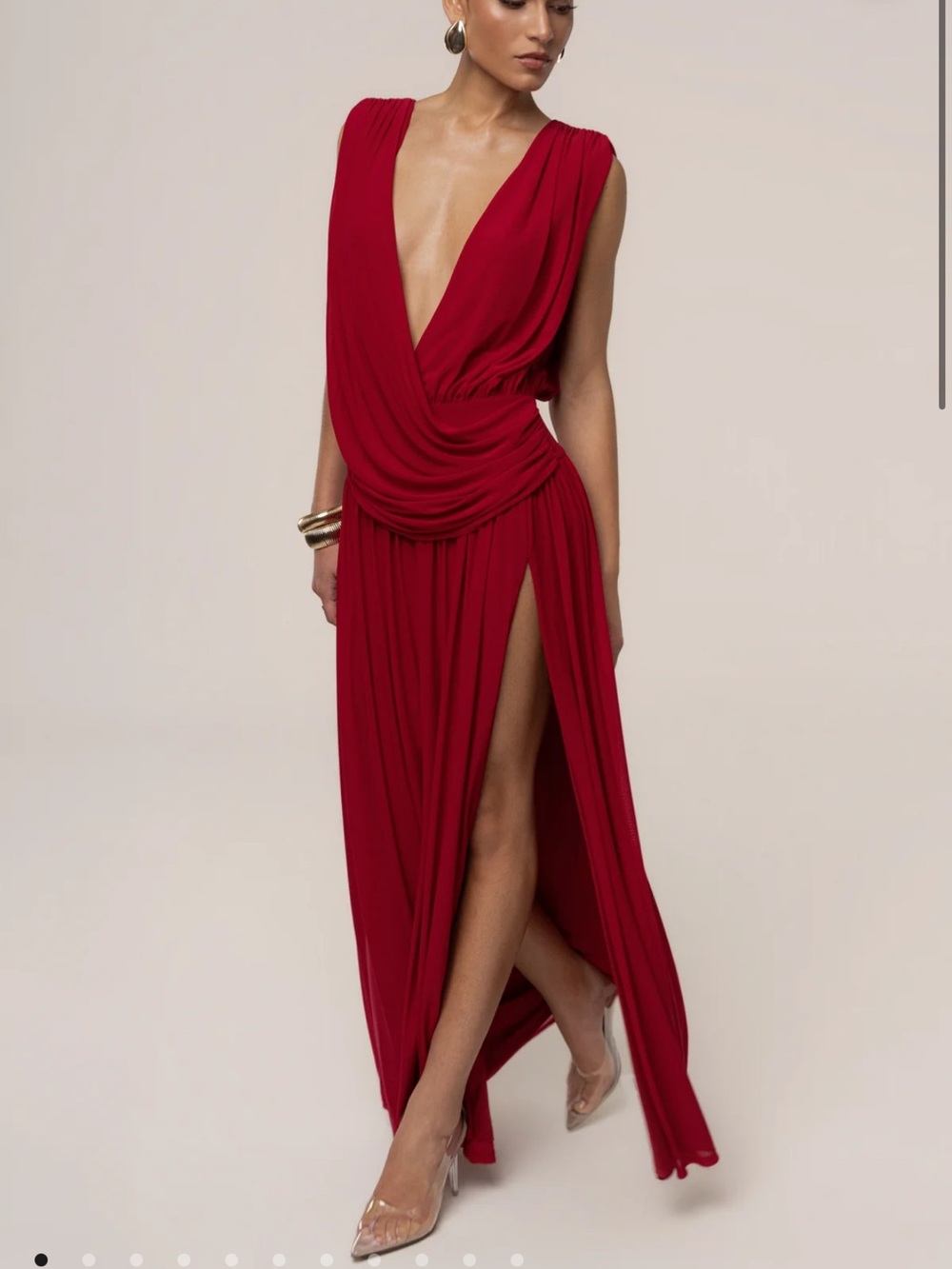 Elegant Red Draped V-Neck Maxi Dress with High Slit Jluxlabel